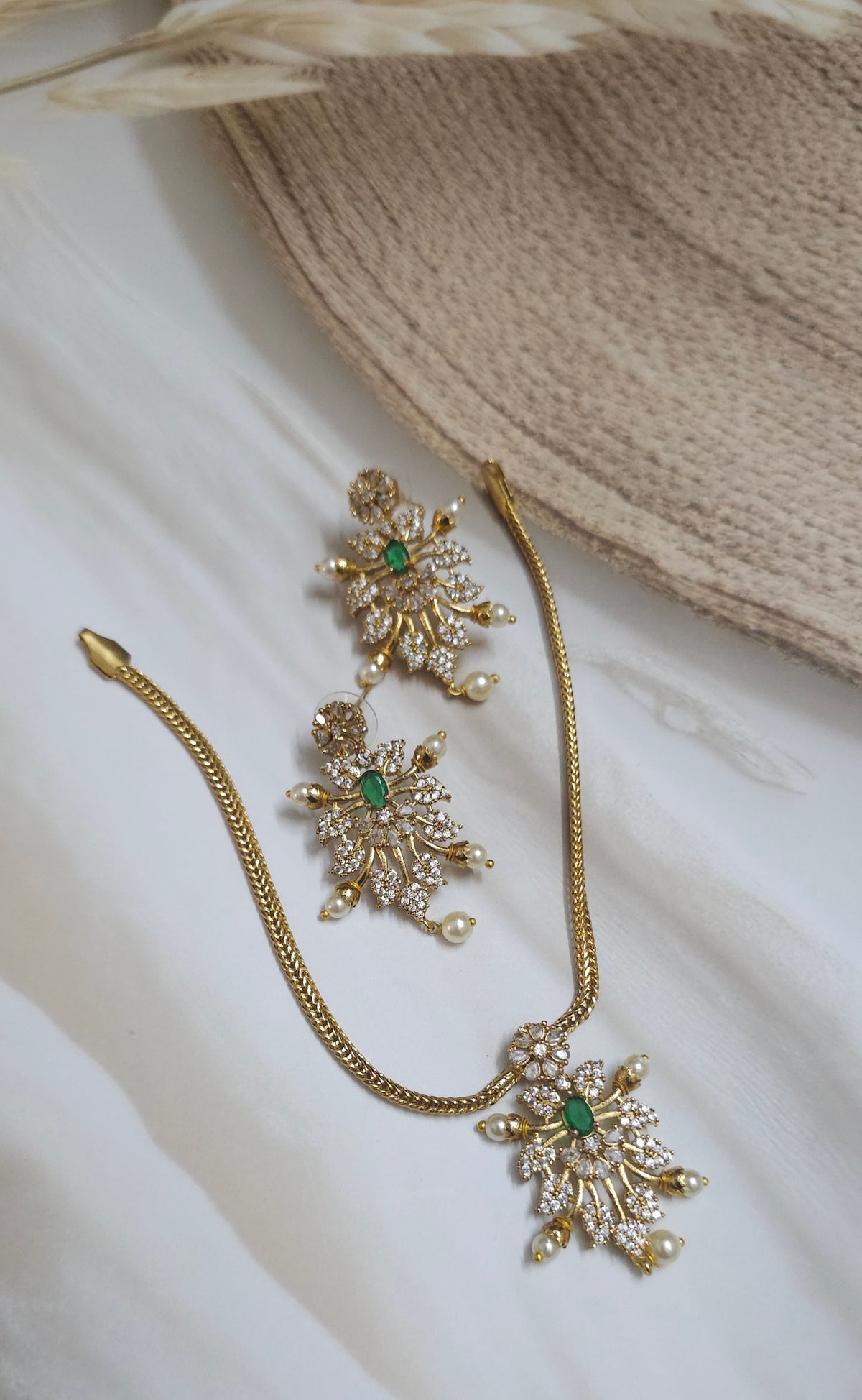 Emerald & CZ Floral Cluster Necklace Set with backchain