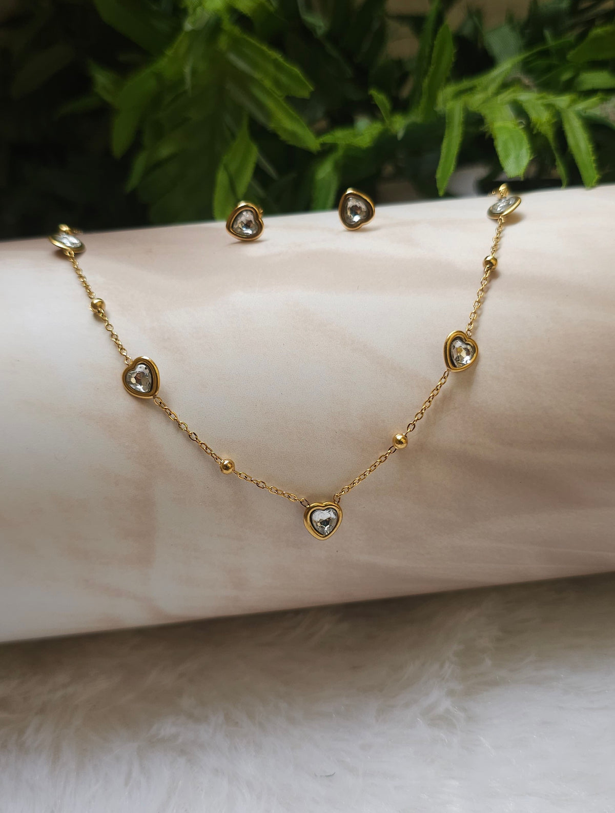 Dainty Crystal Heart Station Necklace Set