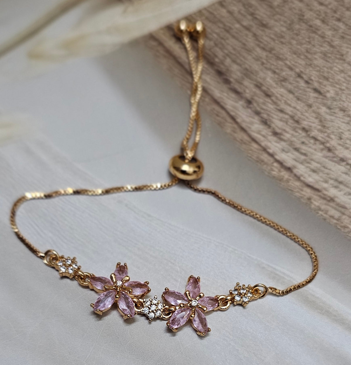 Blush Floral Crystal Adjustable Bolo Bracelet