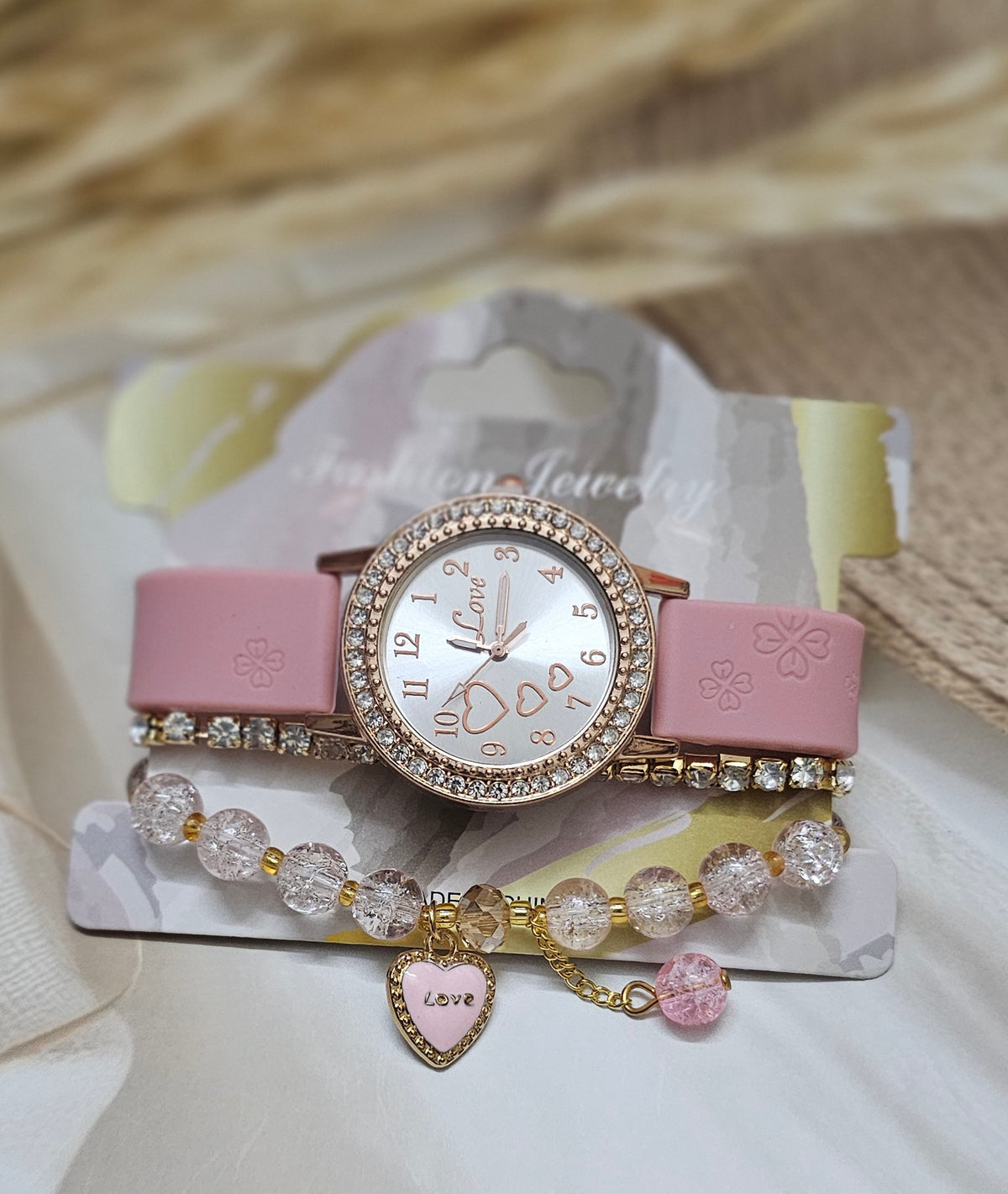 Blush Pink Watch and Beaded Heart Charm Bracelet Set