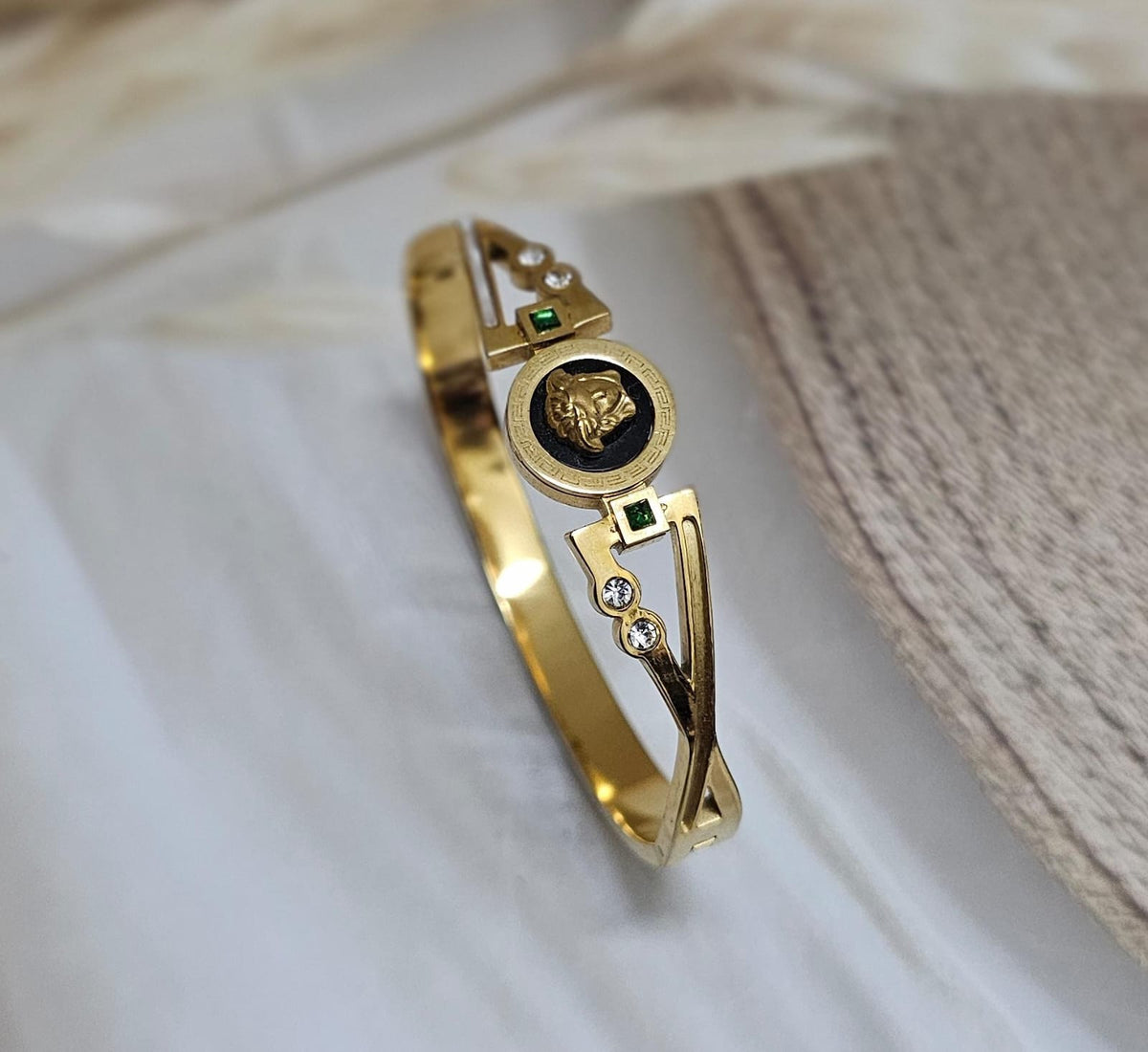 Medusa Emblem Greek Key Hinged Bracelet