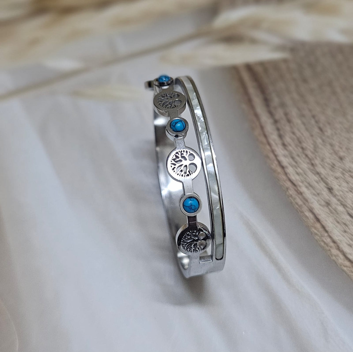 Tree of Life Turquoise Inlay Dual-Band Silver Bracelet