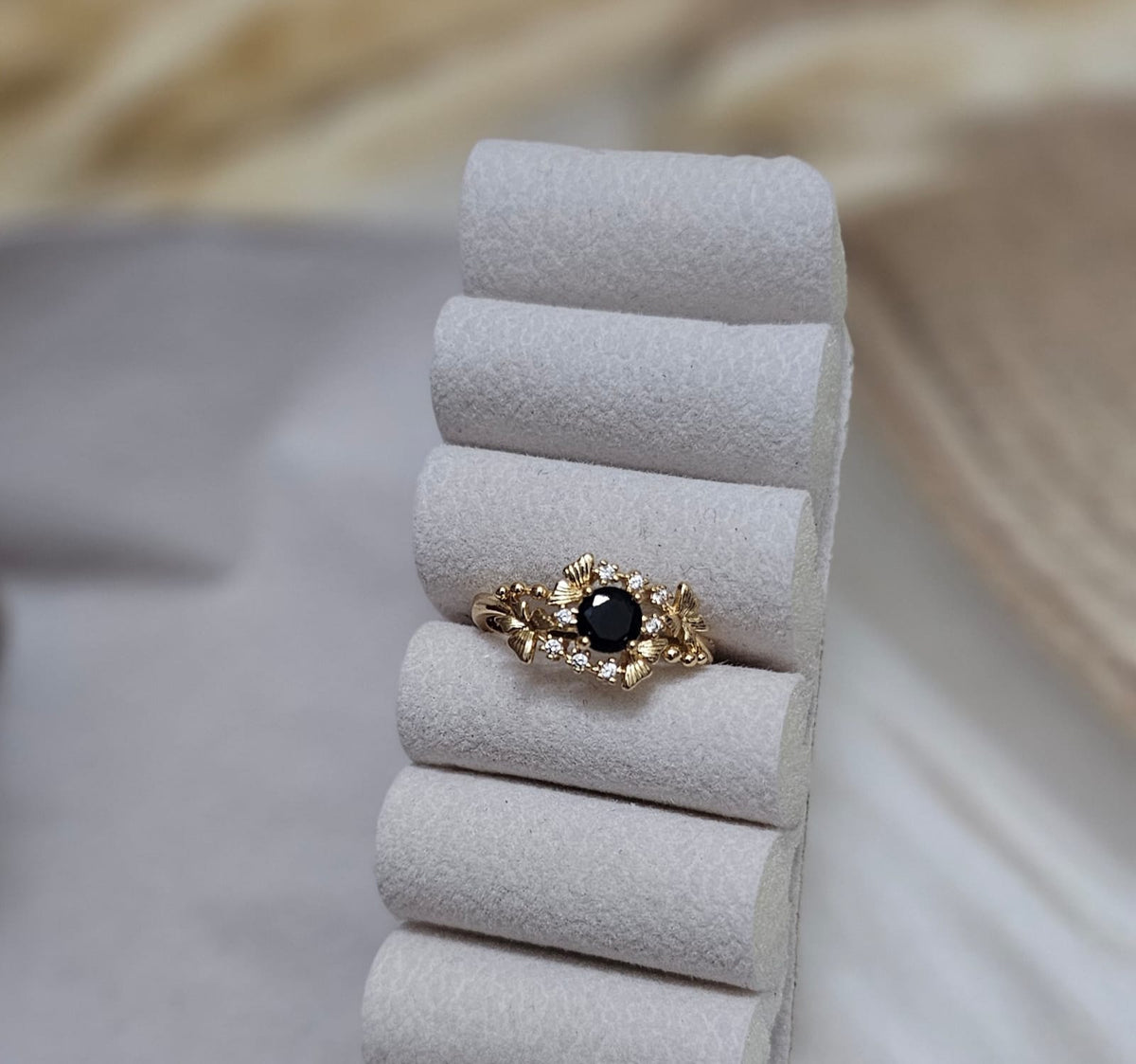 Nocturnal Bloom Adjustable Gold Ring with Black Stone