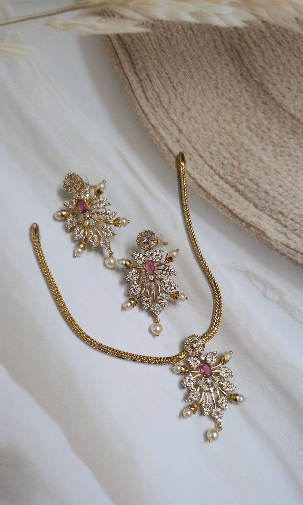 Emerald & CZ Floral Cluster Necklace Set