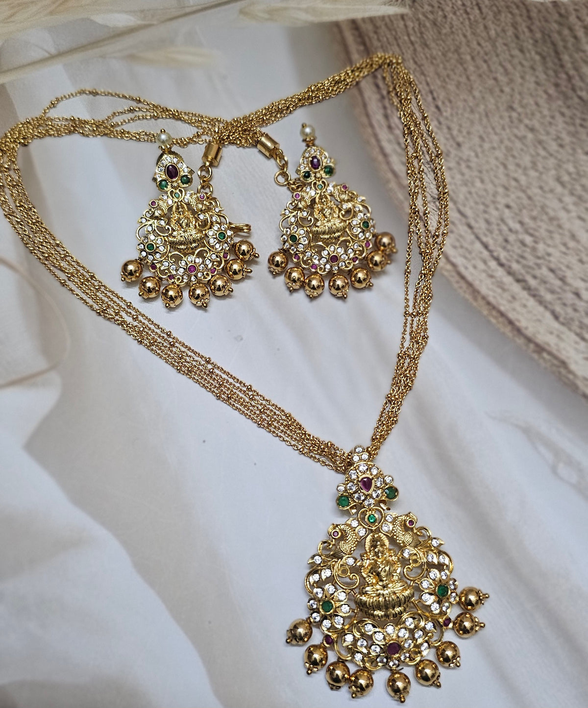 Traditional Lakshmi Temple Multi-Strand Necklace Set