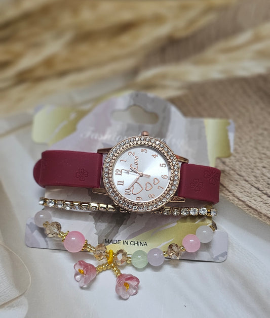 Burgundy Watch and Floral Beaded Charm Bracelet Set