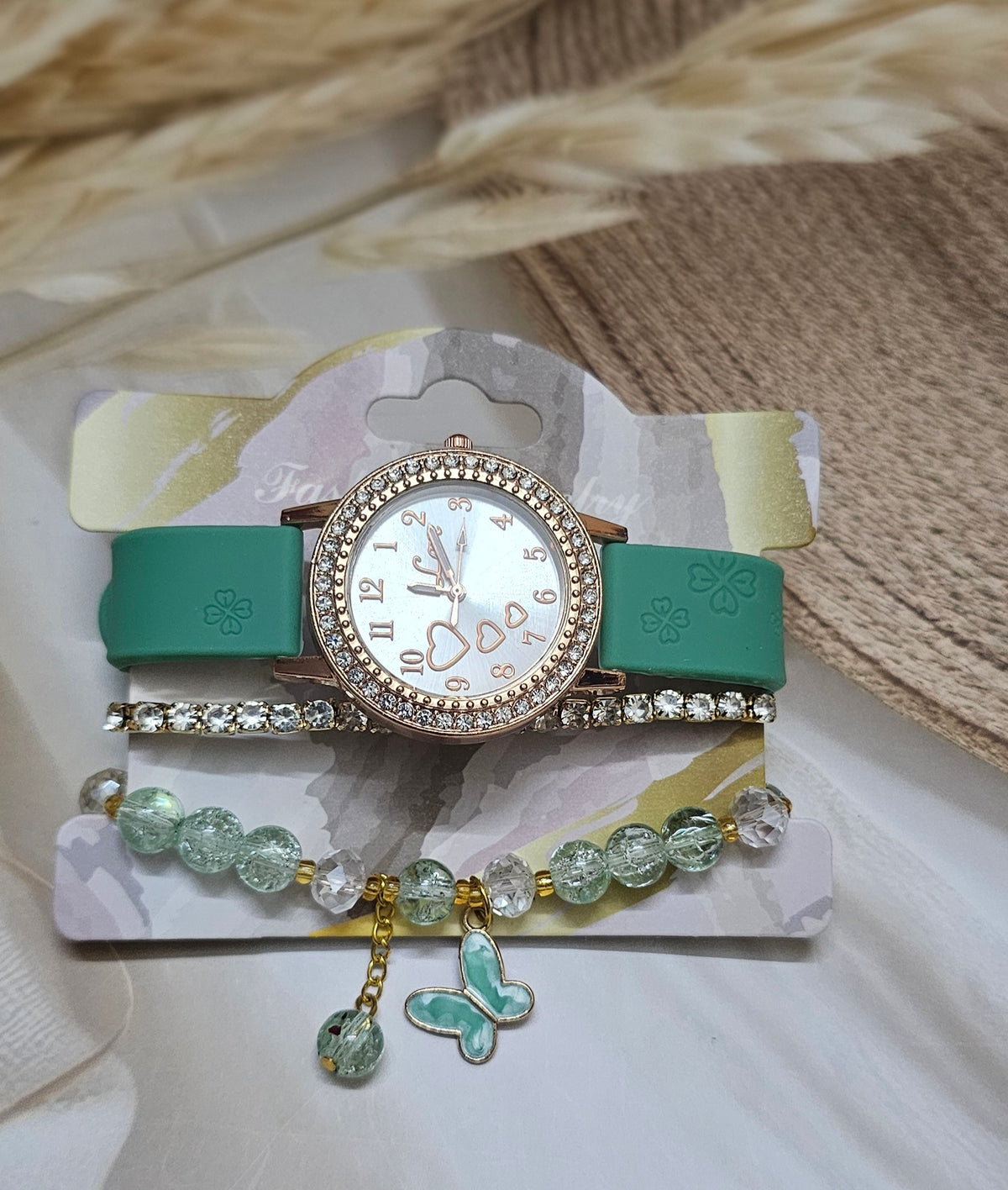 Mint Green Watch and Beaded Butterfly Charm Bracelet Set