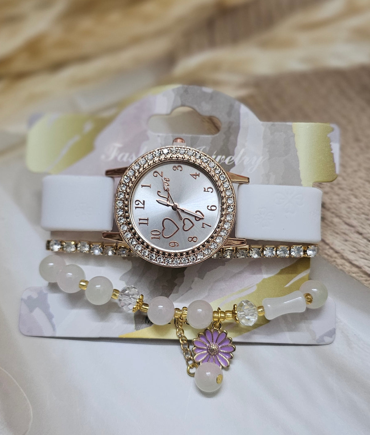 Elegant White Watch and Purple Flower Charm Bracelet Set