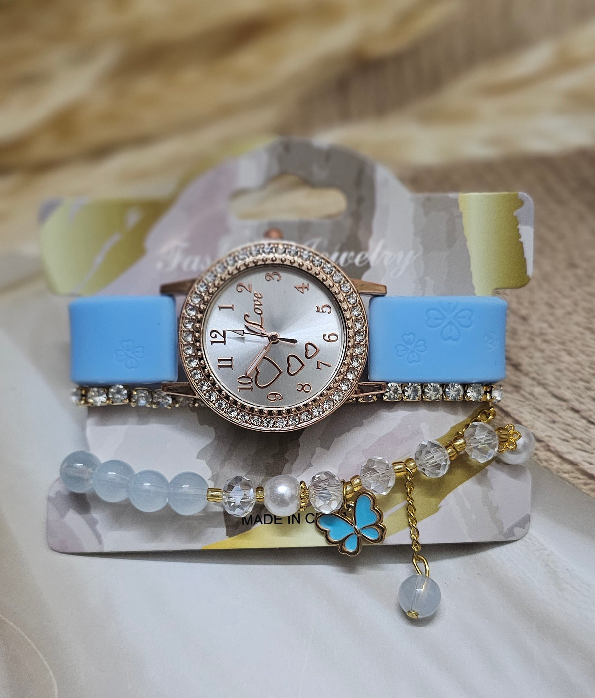 Pastel Blue Watch and Beaded Butterfly Charm Bracelet Set