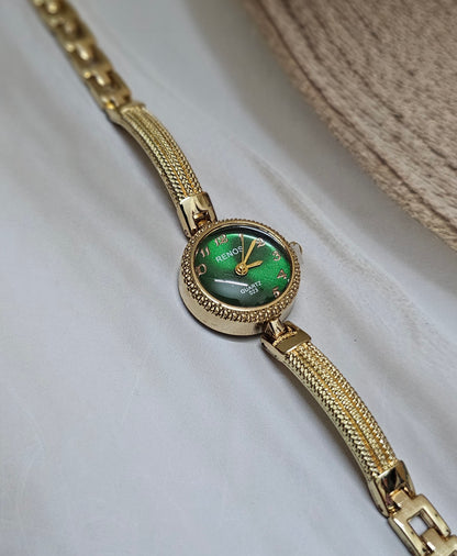 Kiyu Ziyu Vintage-Inspired Emerald & Gold Mesh Link Watch