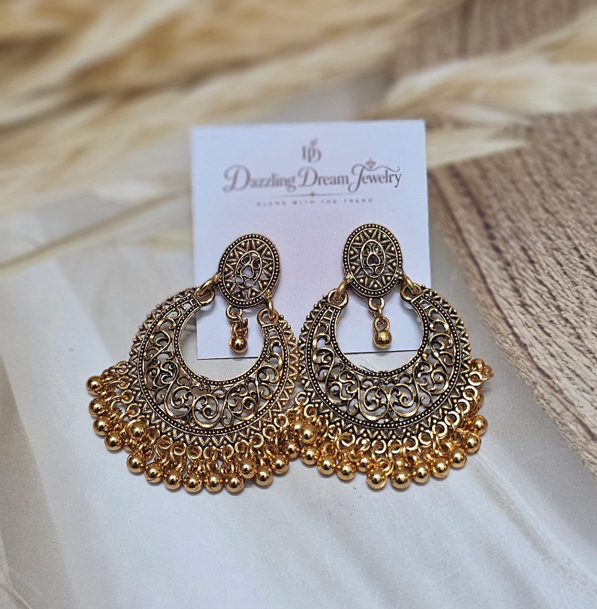 Antique Gold Filigree Crescent Chandbali Earrings