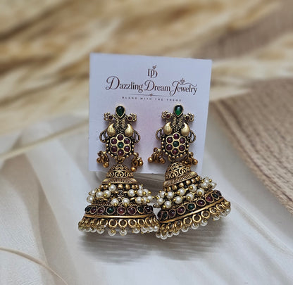 Antique Peacock & Pearl Drop Jhumka Earrings