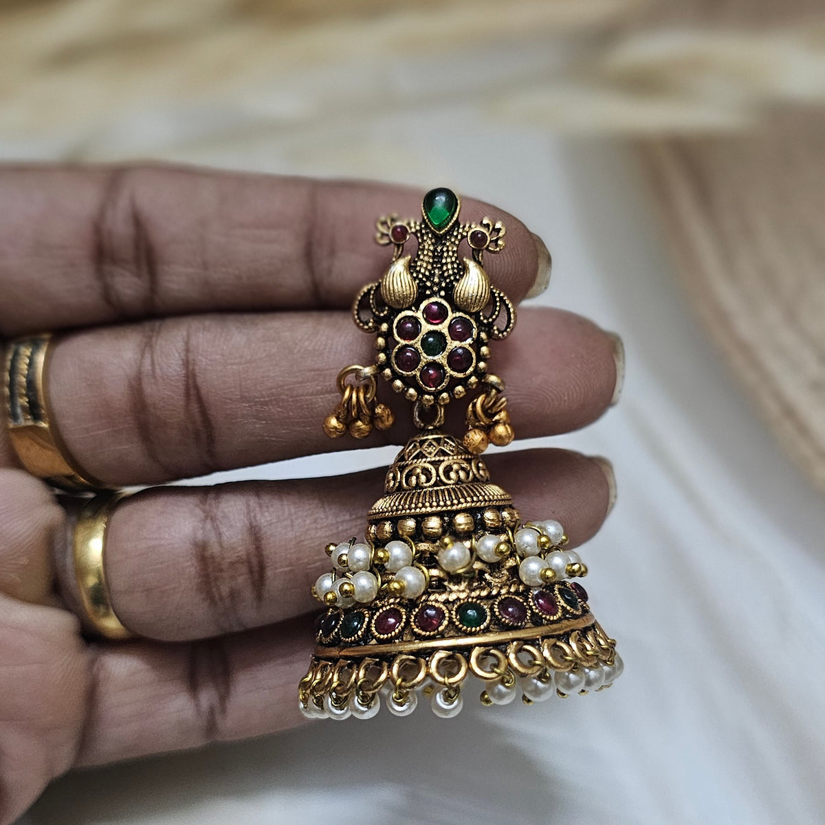 Antique Peacock & Pearl Drop Jhumka Earrings