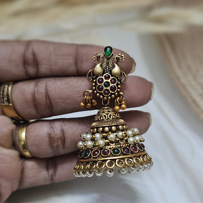Antique Peacock & Pearl Drop Jhumka Earrings
