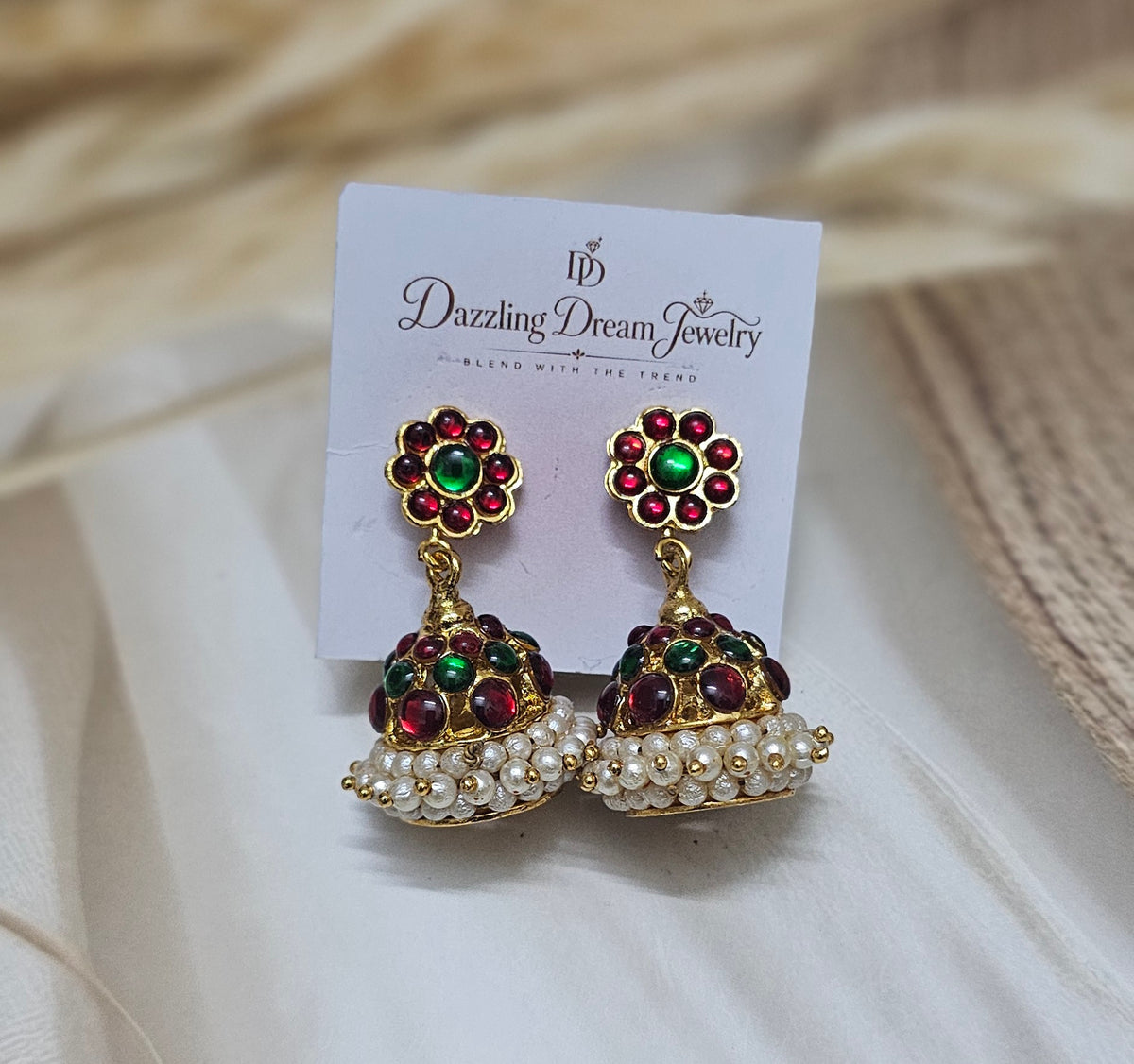 Traditional Floral Kemp & Pearl Jhumka Earrings