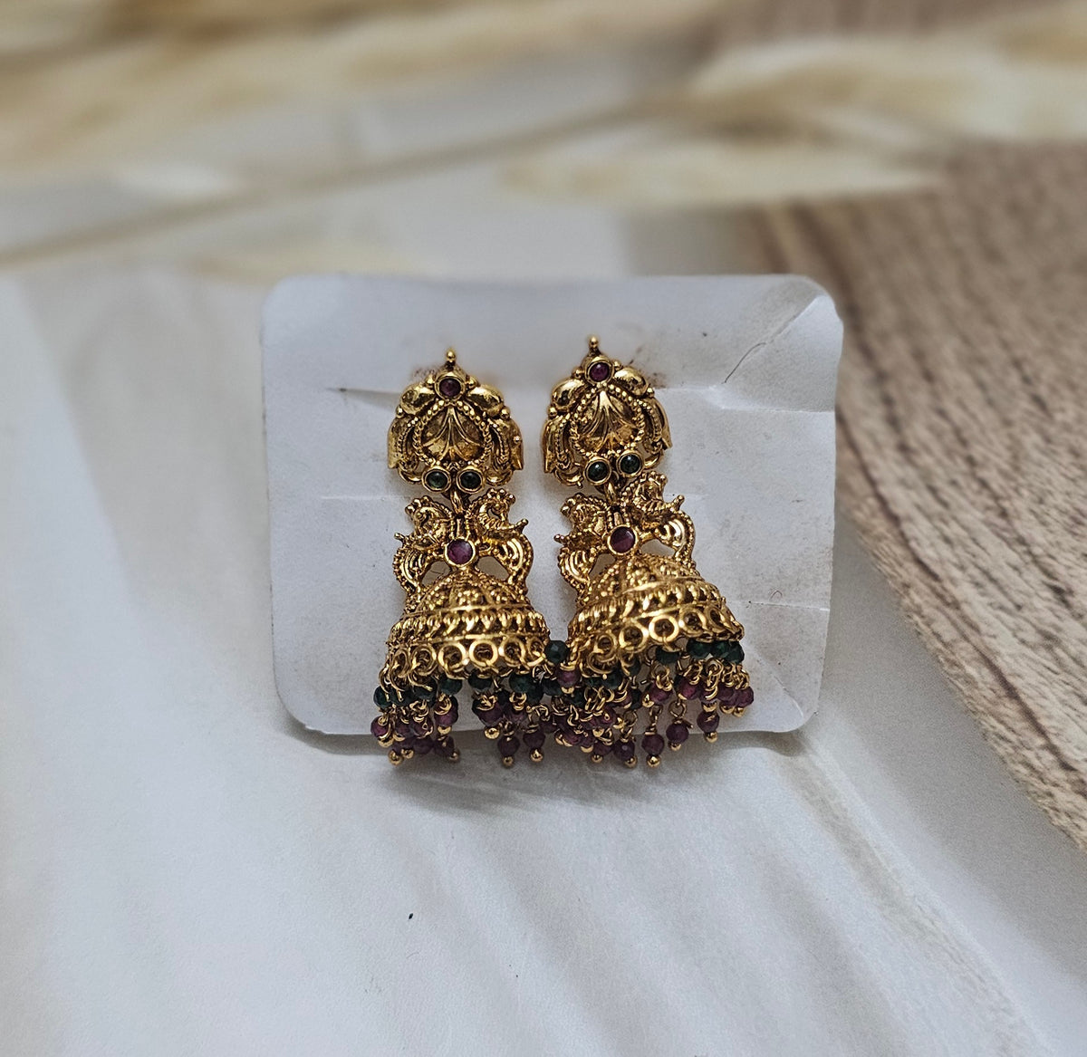 Antique Temple Peacock & Bead Jhumka Earrings