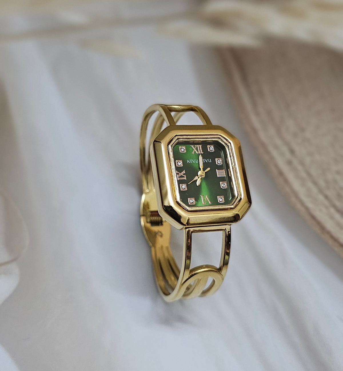 Vintage Emerald & Gold Open-Cuff Bangle Watch