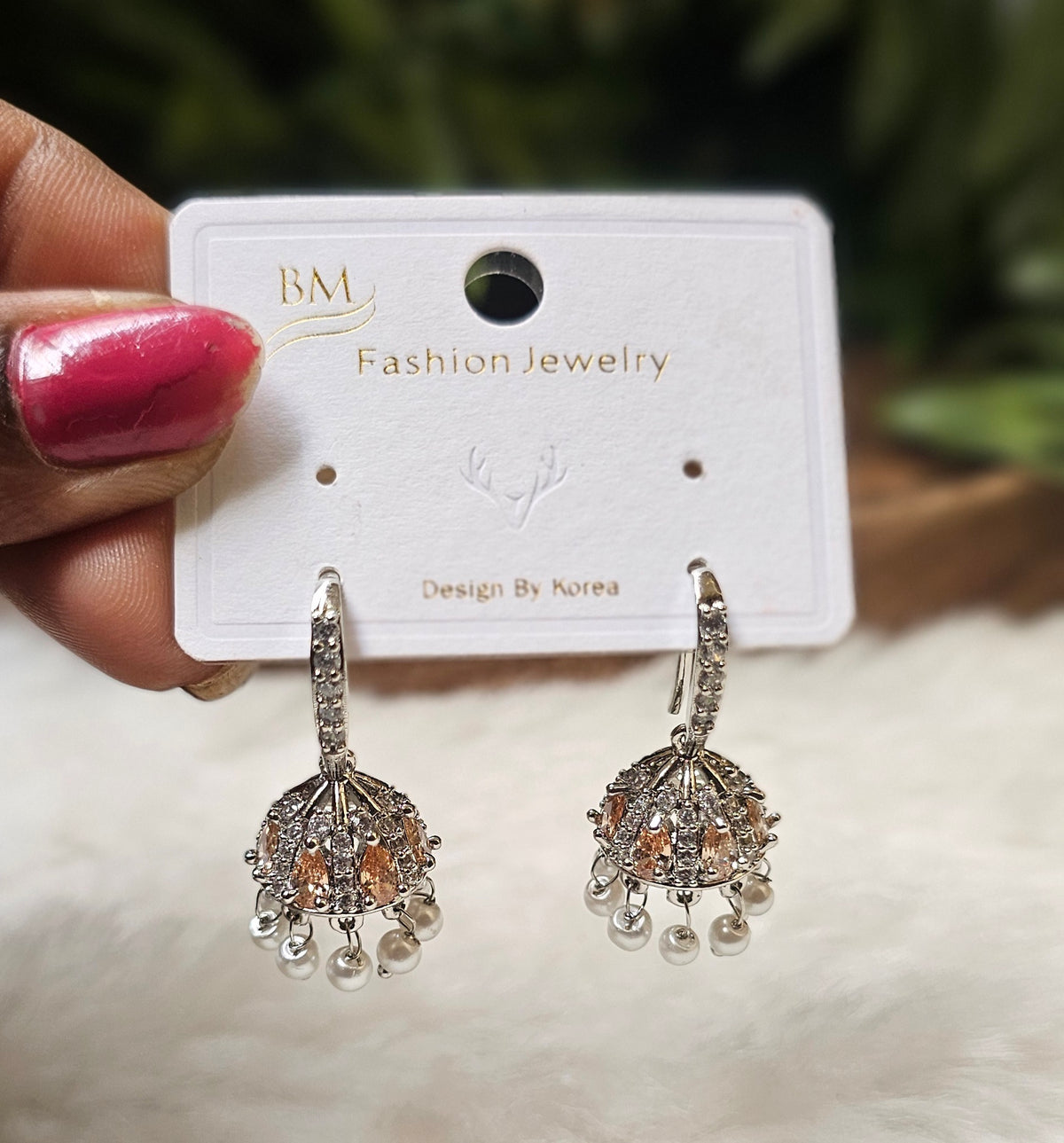Silver-Toned Crystal & Pearl Fusion Jhumka Earrings