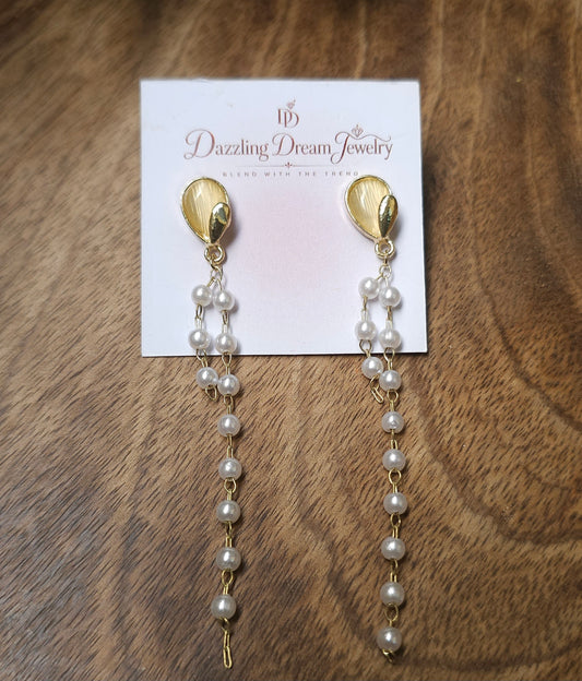 Golden Leaf Pearl Chain Drop Earrings