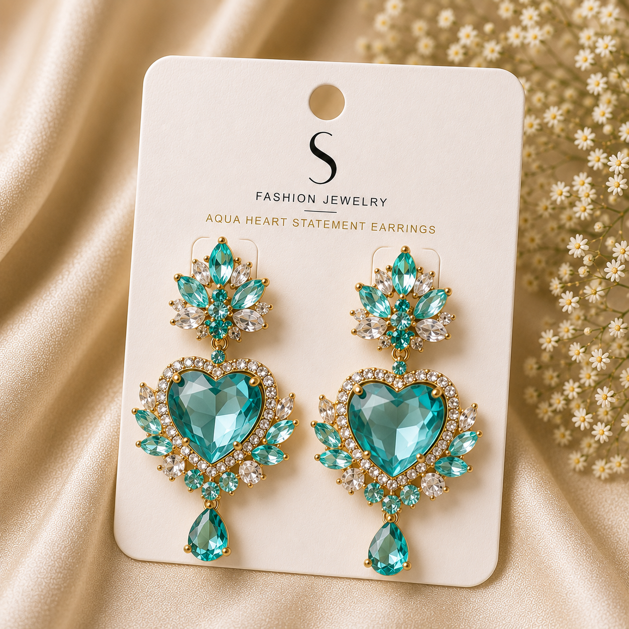 Aqua Heart Statement Earrings
