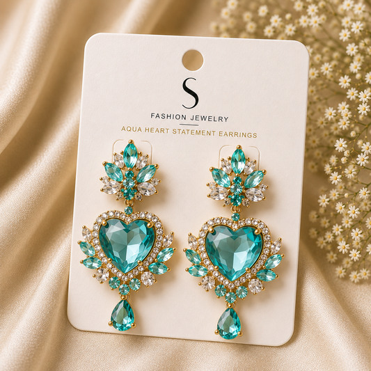 Aqua Heart Statement Earrings
