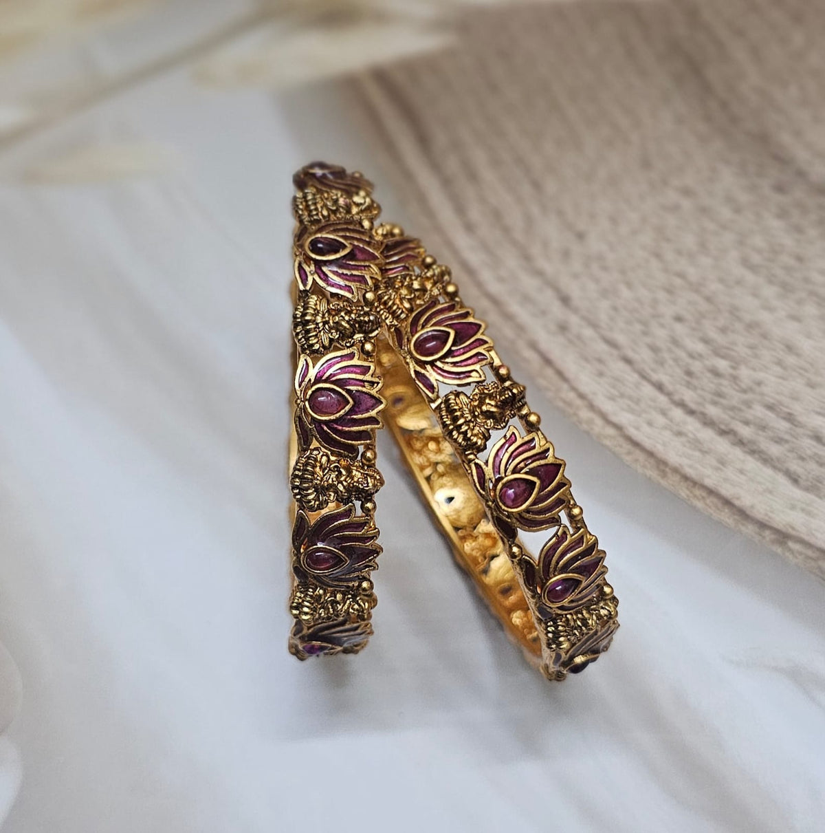 Antique Lotus Temple Motif Gold-Plated Bangle Set