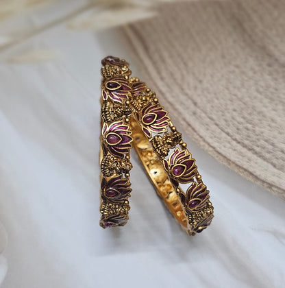 Antique Lotus Temple Motif Gold-Plated Bangle Set