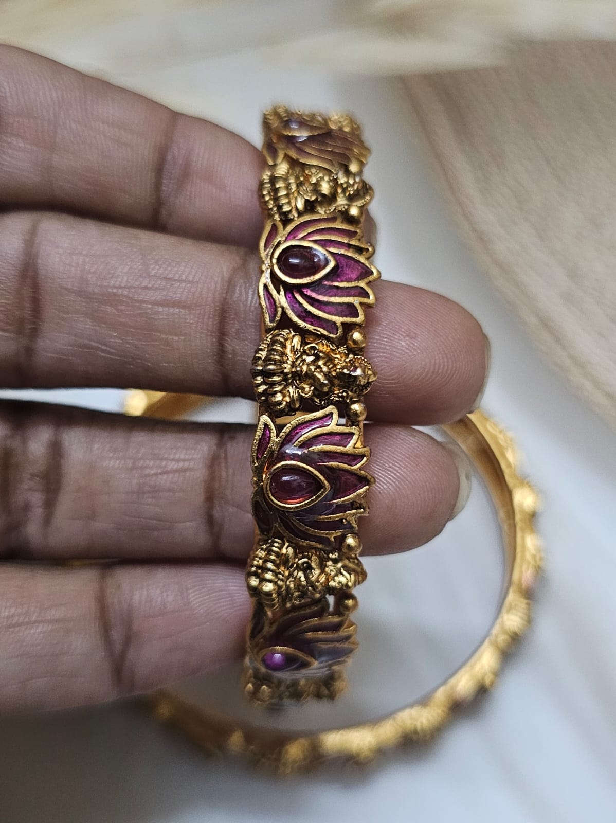 Antique Lotus Temple Motif Gold-Plated Bangle Set