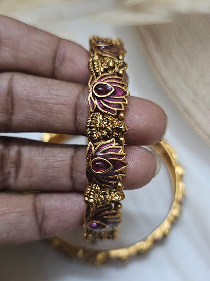 Antique Lotus Temple Motif Gold-Plated Bangle Set
