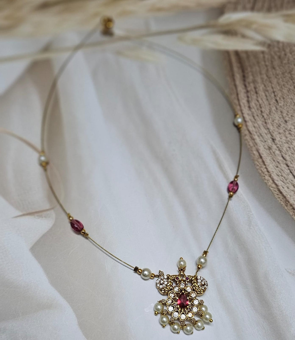 Mayuri Ruby Red Peacock Temple Pendant Floating Illusion Necklace