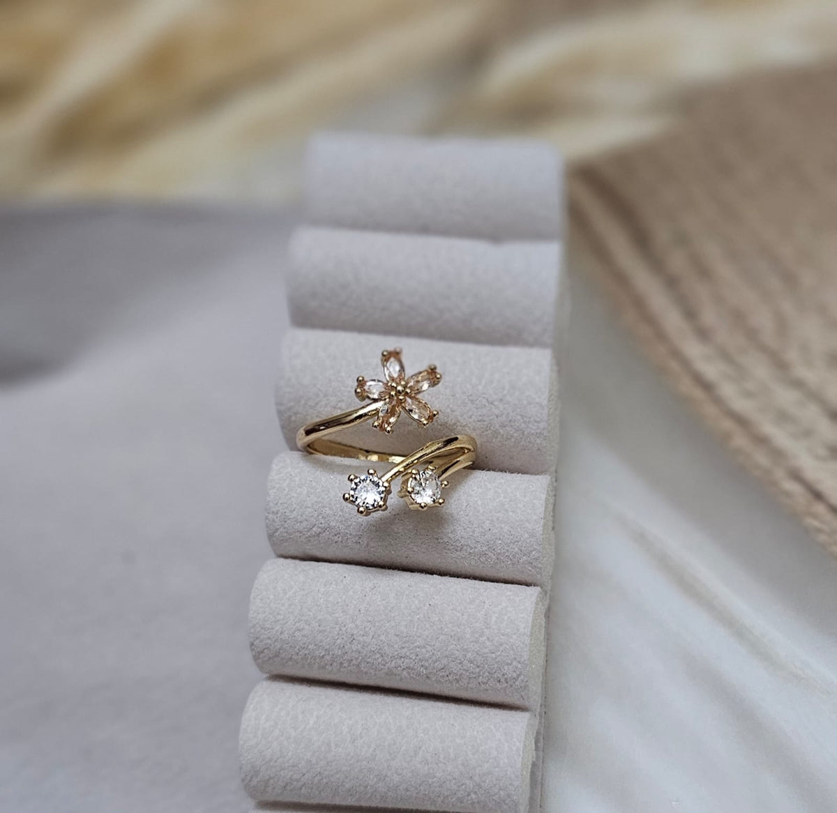 Golden Blossom & Dual-Crystal Open Adjustable Ring