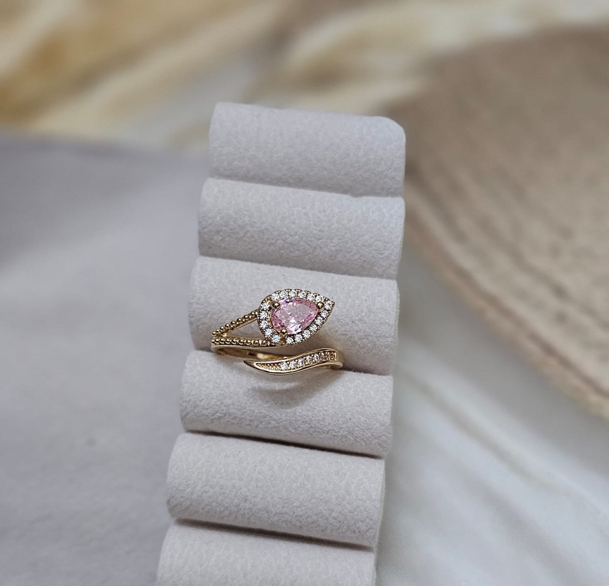 Blush Pear Halo Bypass Adjustable Gold Ring