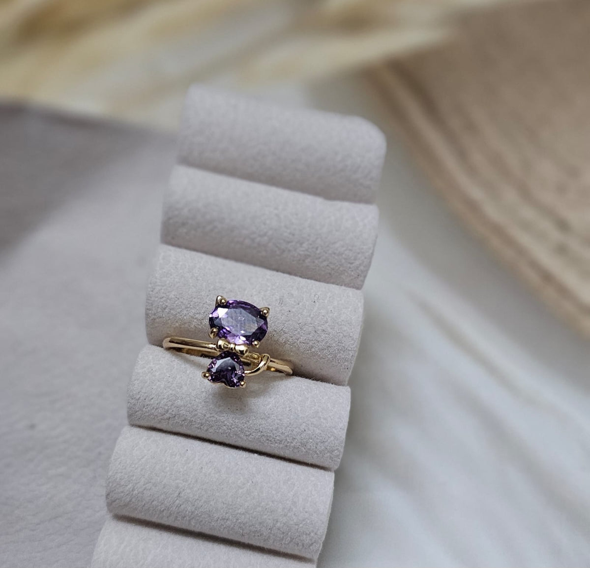 Amethyst Dual-Stone Bypass Adjustable Gold Ring