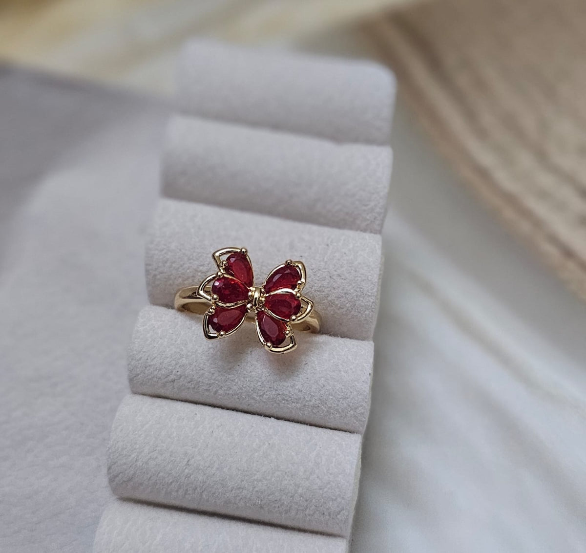 Ruby Butterfly Open Adjustable Gold Ring
