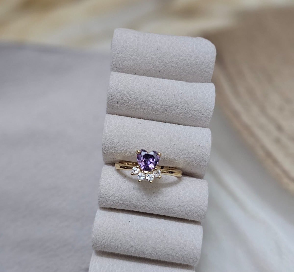 Amira Amethyst Heart & Pavé Halo Bypass Ring - Adjustable