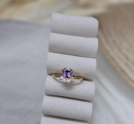Amira Amethyst Heart & Pavé Halo Bypass Ring - Adjustable