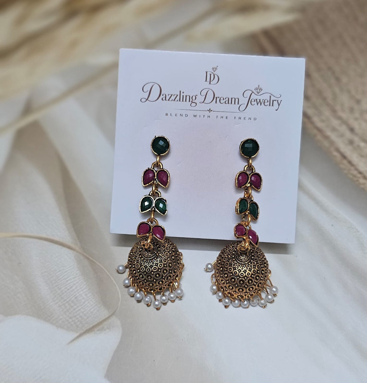Antique Gold-Finish Multi-Stone Jhumka Earrings