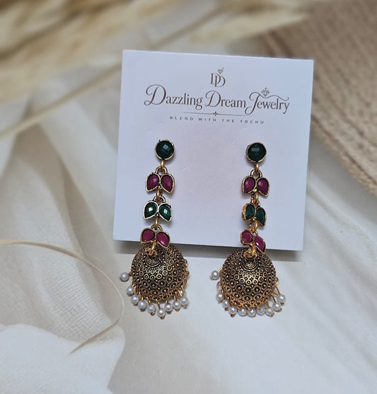 Antique Gold-Finish Multi-Stone Jhumka Earrings