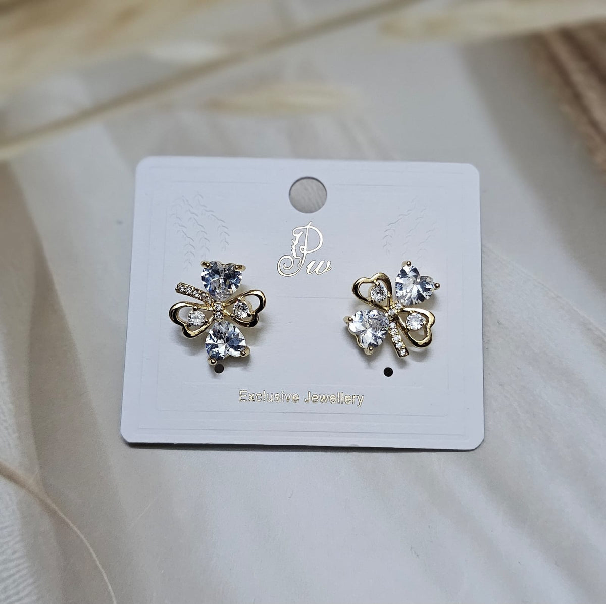 Gold-Tone Heart Crystal Clover Stud Earrings