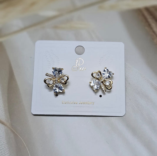 Gold-Tone Heart Crystal Clover Stud Earrings