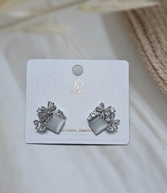 Silver-Tone Opal Stone & Crystal Cluster Stud Earrings